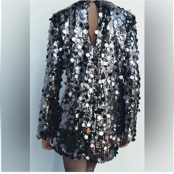 Zara Silver Sequin Long Sleeve Dress - Picture 4 of 10